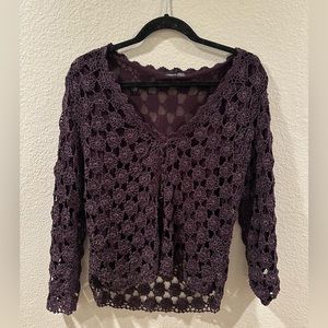 Tara Crocheted Cardigan Blouse Women’s Size Large Lined Purple Sparkly